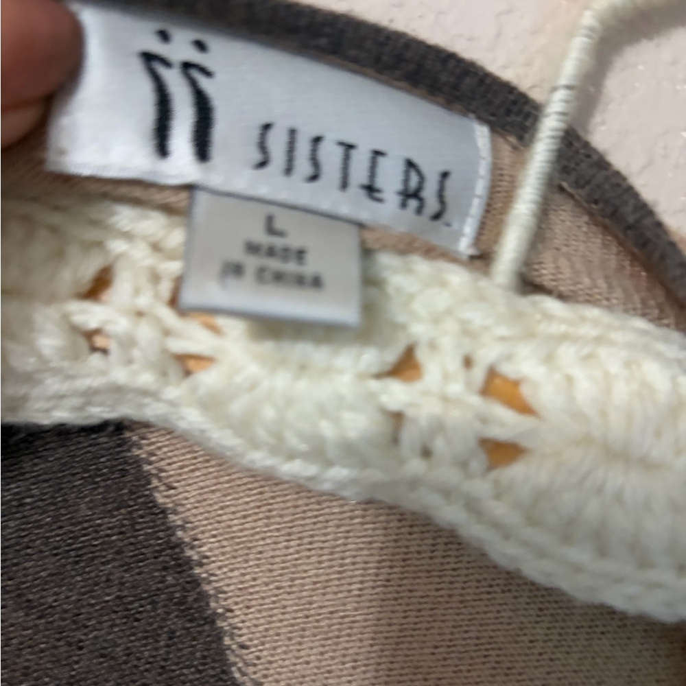 Sisters Geometric Color Block Open Cardigan Shawl Wrap Taupe Cream Boho - Picture 4 of 11